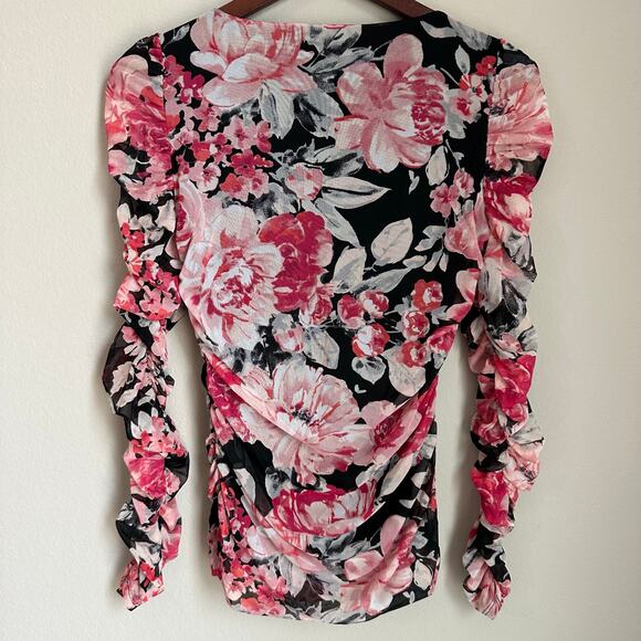 WHBM Y2K Ribbed Floral Blouse Semi-Sheer Lined Coquette V-Neck Whimsigoth - Picture 4 of 8